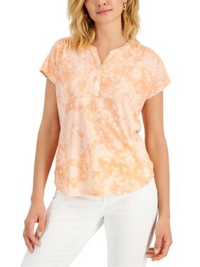 Style & Co. Peach Tie-Dye Short Sleeve Henley Tee